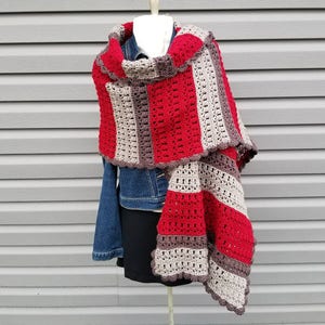 Crochet Cranberry Chill Wrap PATTERN ONLY womens accessory prayer shawl fall winter spring rectangle striped shoulder lacy gift easy