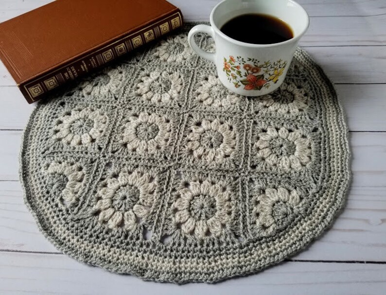 Crochet Floral Table Mat PATTERN ONLY table covering granny square doily housewares home decor romantic bedroom living room sitting image 1