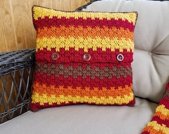 Crochet Fall Foliage Pillow PATTERN ONLY Throw pillow cover with buttons matching blanket afghan 16" x 16" square pillow autumn themed