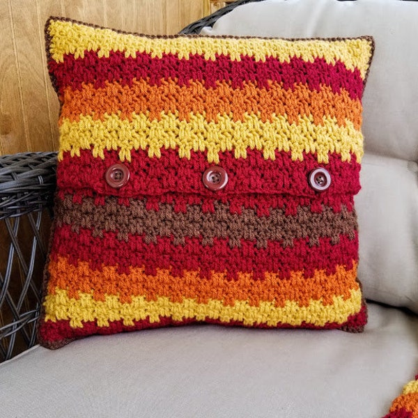 Crochet Fall Foliage Pillow PATTERN ONLY Throw pillow cover with buttons matching blanket afghan 16" x 16" square pillow autumn themed