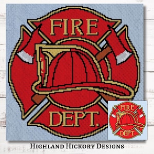 Pode incluir: Emblema de bombeiro vermelho e dourado com machados cruzados, um capacete e as palavras "FIRE DEPT."