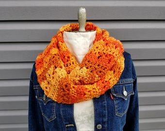 Crochet Autumn Sunrise Infinity Scarf PATTERN ONLY cowl winter fall spring lacy light circle scarf autumn orange easy quick accessory