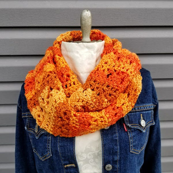 Crochet Autumn Sunrise Infinity Scarf PATTERN ONLY cowl winter fall spring lacy light circle scarf autumn orange easy quick accessory