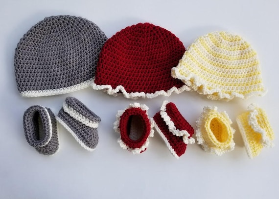 Crochet Rag Quilt Baby Hats and Booties PATTERN ONLY baby shower gift new mother expecting parents three sizes matching set easy quick