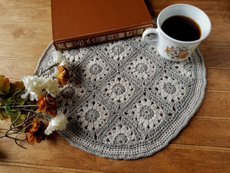 Crochet Floral Table Mat PATTERN ONLY table covering granny square doily housewares home decor romantic bedroom living room sitting image 2