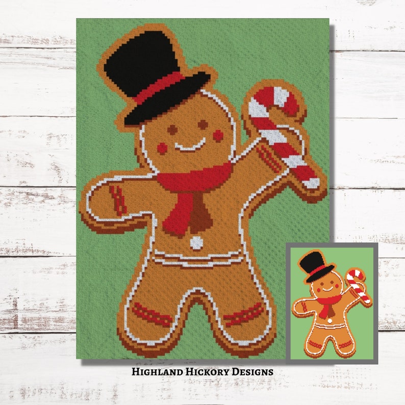 Gingerbread Man Graph Crochet Pattern C2C, Mini c2c, tss, sc, hdc, dc Graphgan With Written Instructions, Corner to Corner tapestry crochet image 1