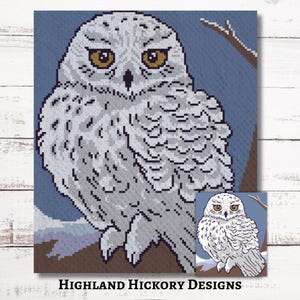 May include: A snowy owl with white feathers and yellow eyes is perched on a branch. The owl is looking to the right. The background is a blue sky with white clouds.