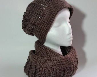 Crochet Set - Taupe Slouch Hat and Infinity Scarf PATTERNS ONLY pdf instant digital download women's winter set gift for her