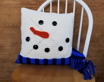 Crochet Snowman Pillow PATTERN ONLY Winter decor for the home holiday gift removable pillow cover snowmen 16" x 16" square easy