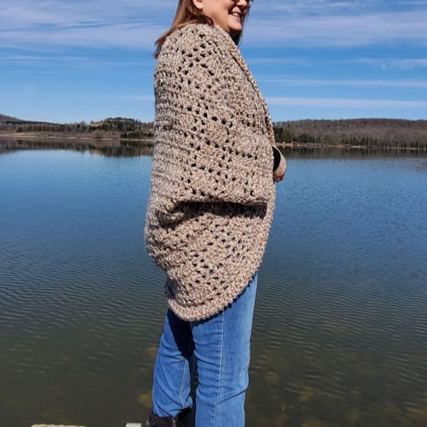 Crochet Shale Shrug PATTERN ONLY women's sweater, 3/4 length sleeves, women's cocoon shrug, chunky sweater, 3 sizes S/M, L/XL, 2XL/3XL