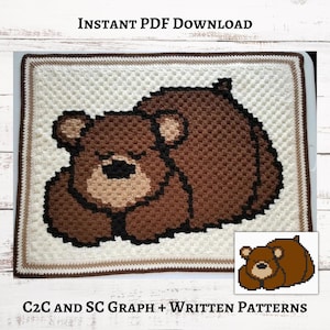 Graphique ours endormi, motif au crochet, graphiques C2C et SC + instructions écrites coin à coin, téléchargement PDF, couverture pour bébé