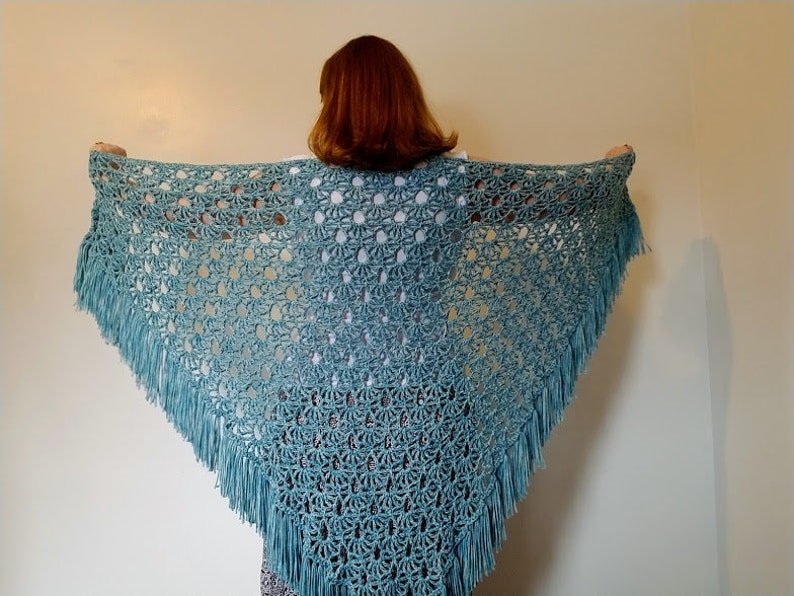 Crochet April Showers Shawl PATTERN ONLY triangle shawl prayer shawl spring lacy women's teen teenager youth child raindrops fringe easy image 4