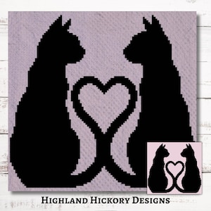May include: A black silhouette of two cats facing each other, with their tails forming a heart shape. The design is on a light purple background. The text "HIGHLAND HICKORY DESIGNS" is at the bottom. A smaller version of the design is in the lower right corner.