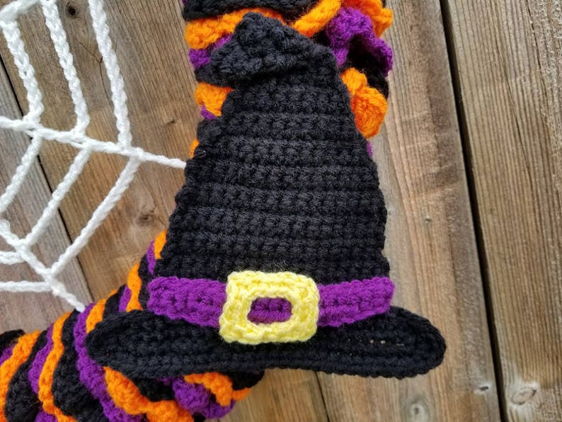 Crochet Halloween Wreath PATTERN ONLY holiday decoration witch hat pumpkin spider web applique autumn all hallows' eve image 3