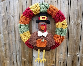 Crochet Thanksgiving Wreath PATTERN ONLY holiday decoration decor turkey stuffed pilgrim pumpkin hostess gift