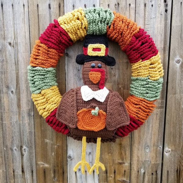 Crochet Thanksgiving Wreath PATTERN ONLY holiday decoration decor turkey stuffed pilgrim pumpkin hostess gift