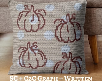 Polka Dot Pumpkins Graph Crochet Pattern, Throw Pillow, Wall Hanging, Blanket, SC + C2C Written Instructions, PDF Download, Autumn Decor