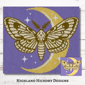 May include: A crochet pattern featuring a moth with a crescent moon and stars on a purple background. The pattern is in a pixelated style, similar to cross-stitch.