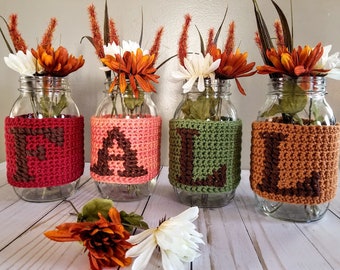 Crochet Fall Jars PATTERN ONLY autumn decorations home decor office decor classroom decor church decor mason jar wraps vase candle holder