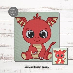 Red Baby Dragon Crochet Pattern C2C Graphgan + Written Instructions Corner-to-Corner, Tapestry, Tunisian, Knitting, Cross Stitch Chart PDF