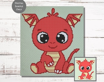 Red Baby Dragon Crochet Pattern C2C Graphgan + Written Instructions Corner-to-Corner, Tapestry, Tunisian, Knitting, Cross Stitch Chart PDF