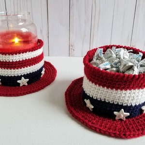 Crochet Americana Hat PATTERN ONLY USA America American candy dish candle holder bowl holiday decor decoration stars stripes table topper