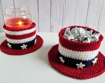 Crochet Americana Hat PATTERN ONLY USA America American candy dish candle holder bowl holiday decor decoration stars stripes table topper