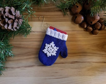 Crochet Mitten Ornement/Porte-cartes-cadeaux MOTIF SEULEMENT décoration de Noël arbre ornement flocon de neige fil petit bleu marine et blanc