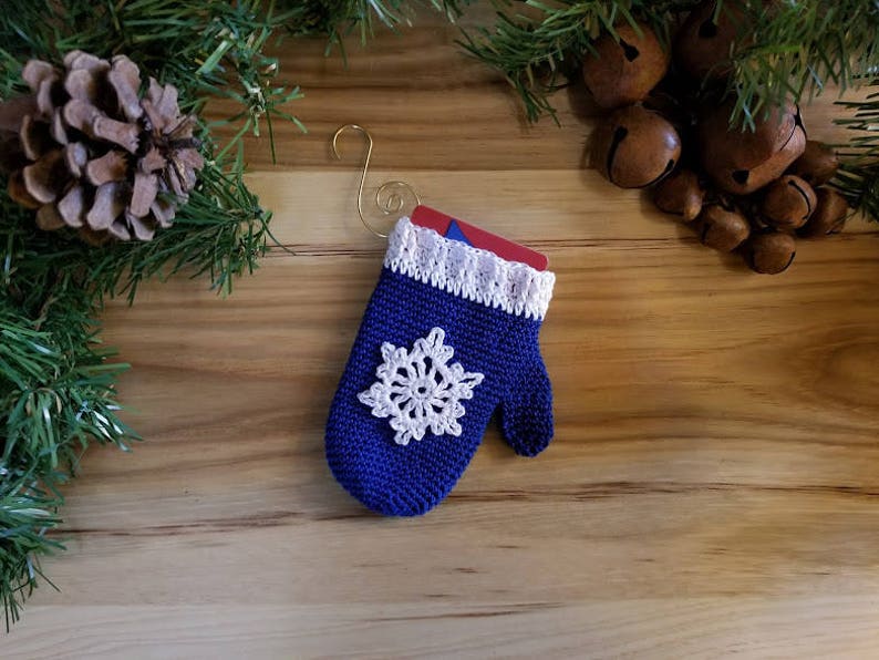 Crochet Mitten Ornament/Gift Card Holder PATTERN ONLY Christmas decoration tree ornament snowflake thread small navy blue and white image 1