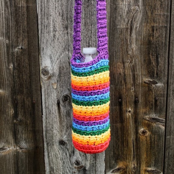 Crochet Rainbow Water Bottle Holder PATTERN ONLY child adult bottle carrier with strap cross body design pride luck