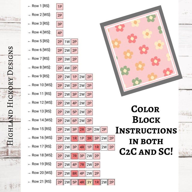 Crochet Code Rows Code Basic Flowers Graph Crochet Pattern C2C, Mini C2c, Tss, Sc, Hdc, Dc ...