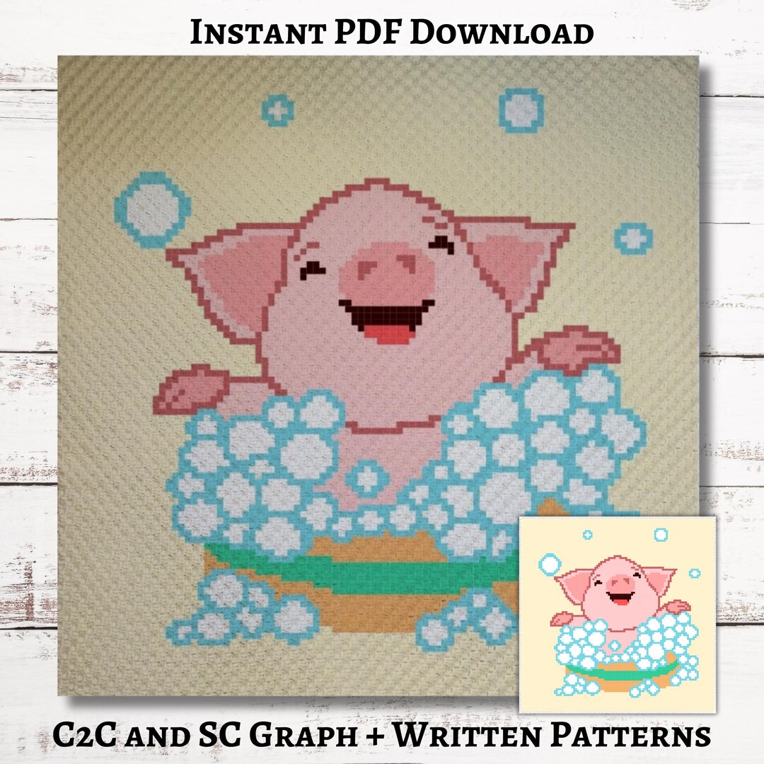 Piggy Bath Graph, Crochet Pattern, C2C and SC Graphgan + Written ...