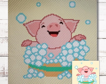 Gráfico de baño de cerdito, patrón de crochet, gráfico C2C y SC + instrucciones escritas de esquina a esquina, descarga en PDF, manta de granja, manta afgana para cerdos