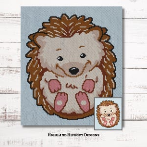 May include: A crochet pattern featuring a cute cartoon hedgehog with brown quills, a light brown face, and pink feet. The pattern is titled "Highland Hickory Designs".