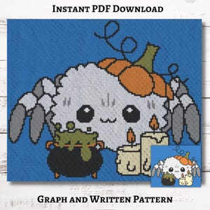 May include: A digital cross-stitch pattern showing a friendly spider with a pumpkin head, a cauldron, and candles. The design uses white, orange, grey, and black on a blue background. The text at the top says "INSTANT PDF DOWNLOAD" and at the bottom "GRAPH AND WRITTEN PATTERN".