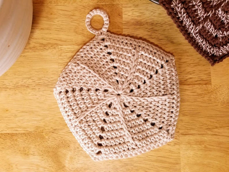 Crochet Spikes and Stripes Potholder PATTERN ONLY kitchen accessory heat hot pad oven gift for her double thickness cotton pentagon shaped image 6