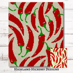 Puede incluir: Un patrón de crochet con un diseño repetitivo de chiles rojos con tallos verdes sobre un fondo crema. El patrón se titula "Highland Hickory Designs".