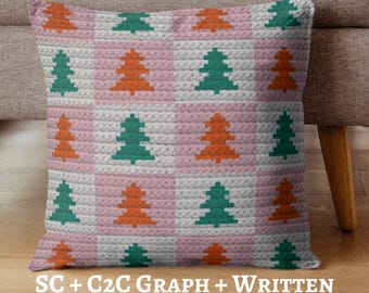Plaid Christmas Trees Graph Crochet Pattern, Throw Pillow, Wall Hanging, Blanket, SC + C2C Written Instructions, PDF Download, Holiday Decor