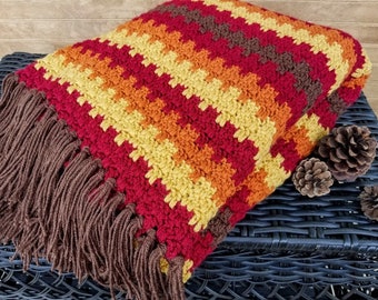 Crochet Fall Foliage Afghan PATTERN ONLY Autumn themed throw blanket stripes with fringe thick no holes gift for men cabin home decor