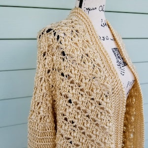 Crochet Fleur-de-lis Cardigan PATTERN ONLY womens teens open front over sized sweater sizes Small, Medium, Large, XL, 2XL, 3XL