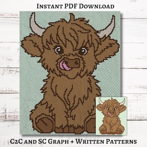 Highland Cow Graph 1 Crochet Pattern C2C and SC Graphgan + Written Instructions Corner-to-Corner, PDF Download Baby Cow Afghan, Cow Blanket