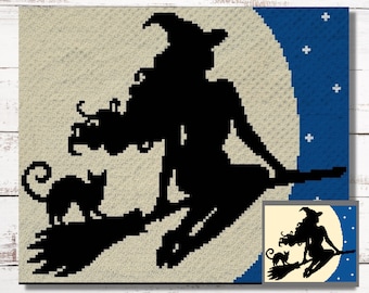 May include: Black silhouette of a witch sitting on a broomstick with a black cat beside her, against a beige background with a blue crescent moon and stars.