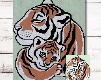 Tiger Mom Graph, Crochet Pattern, C2C and SC Graphgan + Written Instructions Corner-to-Corner, PDF Download, Mommy & Me Blanket, Zoo Afghan