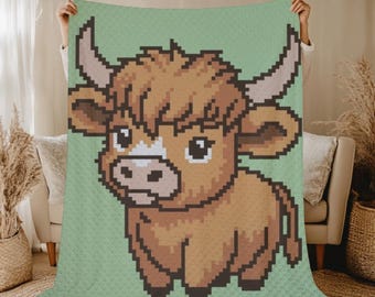 Baby Highland Cow Graph Crochet Pattern, Throw Pillow, Wall Hanging, Small Blanket, SC + C2C Written Instructions, PDF Download