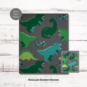 May include: A digital cross stitch pattern featuring a repeating pattern of green, blue, and grey dinosaurs on a grey background. The pattern is titled "Highland Hickory Designs".