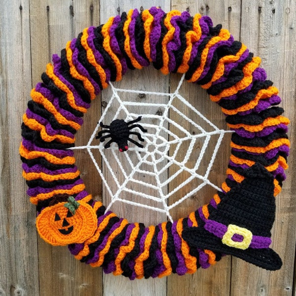 Crochet Halloween Wreath PATTERN ONLY holiday decoration witch hat pumpkin spider web applique autumn all hallows' eve