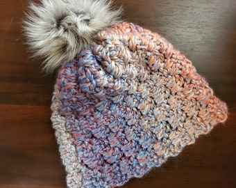 Crochet Heights Beanie PATTERN ONLY woman's teen's beanie hat toque with faux fur pom pom winter outerwear head wear bulky weight yarn