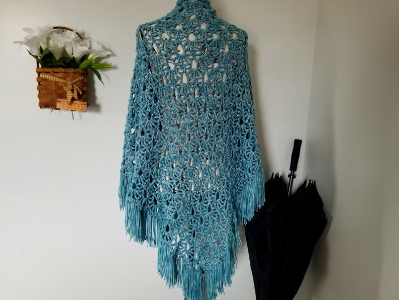 Crochet April Showers Shawl PATTERN ONLY triangle shawl prayer shawl spring lacy women's teen teenager youth child raindrops fringe easy image 1