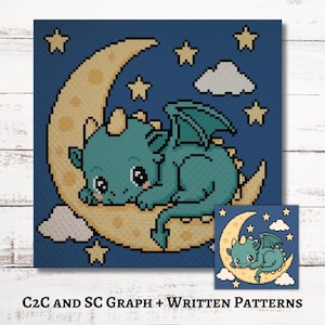 May include: A pixel art pattern featuring a teal dragon resting on a yellow crescent moon against a dark blue sky with light yellow stars and grey clouds. The text below reads C2C AND SC GRAPH + WRITTEN PATTERNS in black capital letters.
