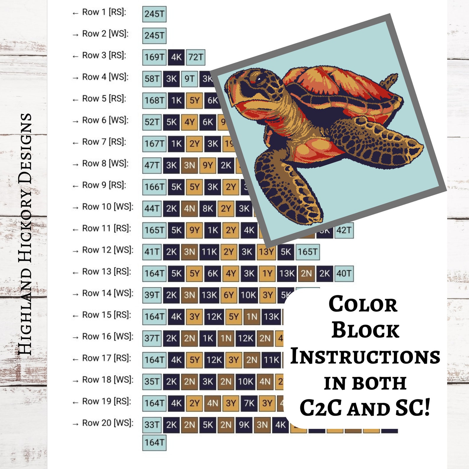 Sea Turtle Graph Crochet Pattern Single Crochet (sc) Graphgan + Written ...